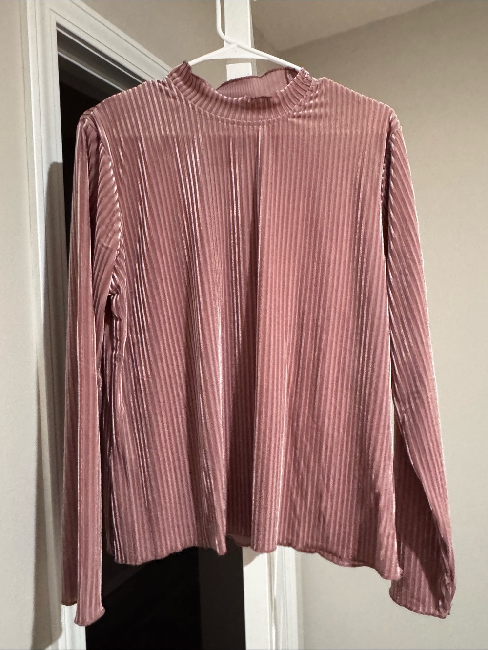 SHEIN Pink Pleated Velvet Mock Neck Long Sleeve Top